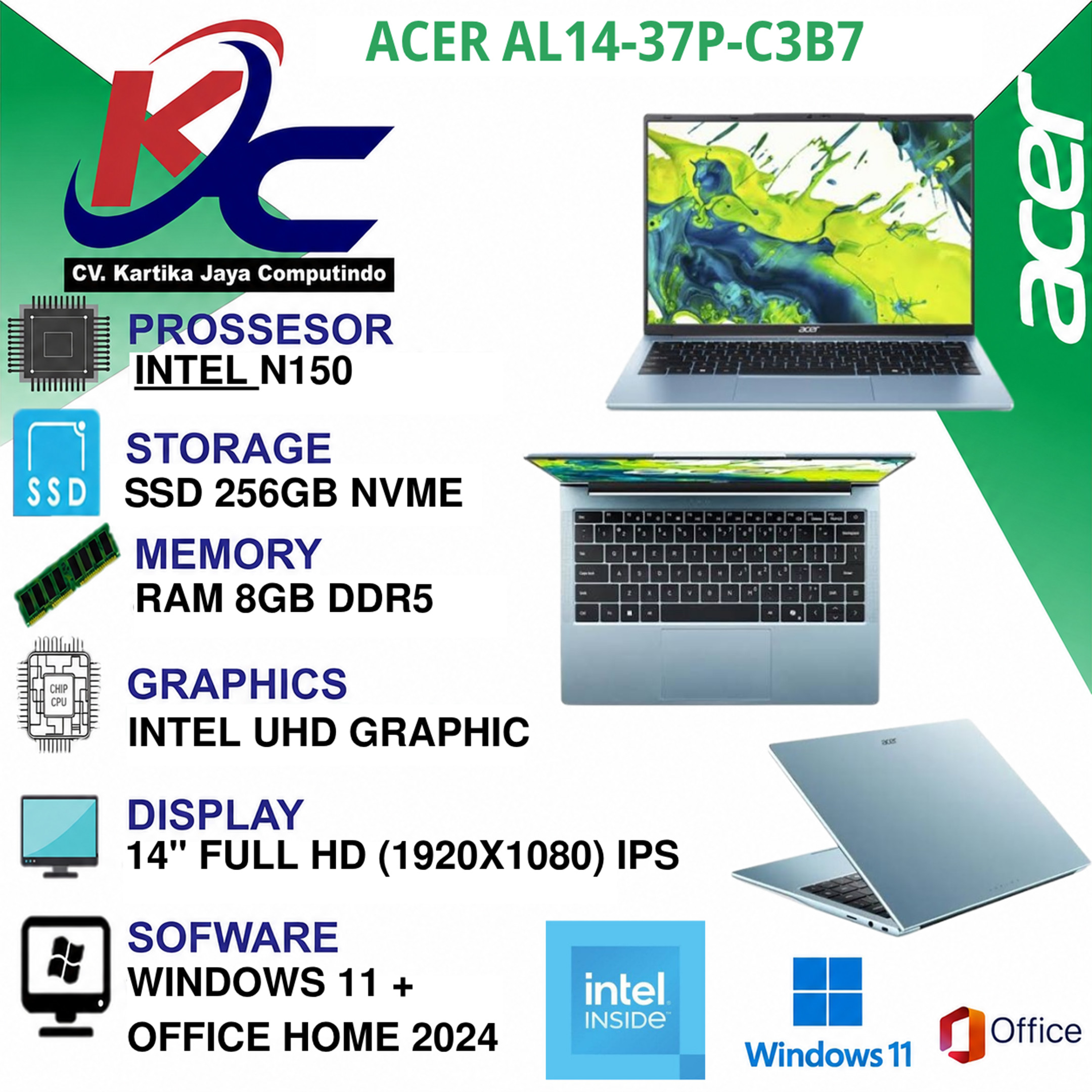 ACER AL14-37P-C3B7  N150/ 8GB/ SSD 256GB/ W11 OHS BLUE